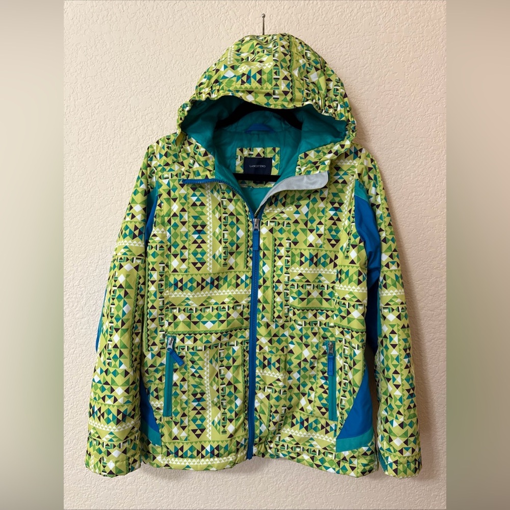 Lands' End Turquoise Blue Yellow Ski Snow Jacket Coat Girl's XL 16 Lightweight